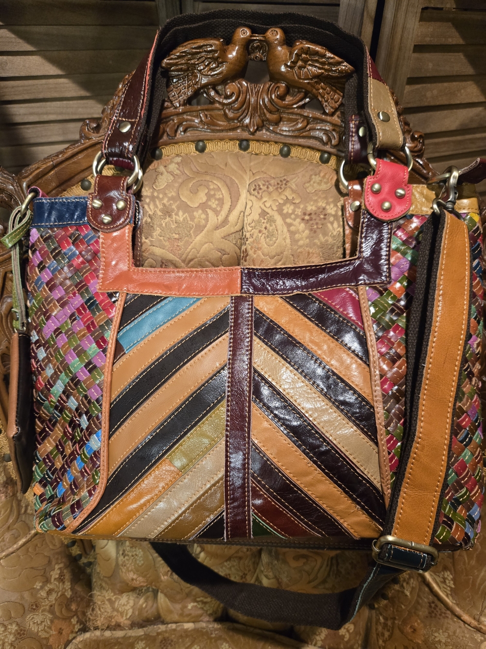 Multicolor Glazed Woven Leather Chevron Tote Bag With Small pouch. EUC